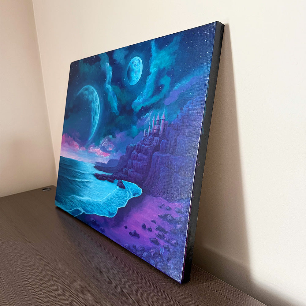 Side view of Moondrift Keep original acrylic painting on canvas showing 3/4 inch depth and wrapped edges, wired and ready to hang