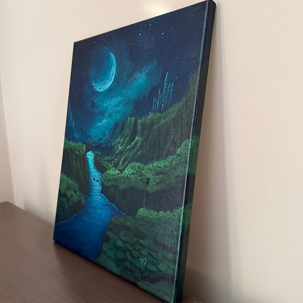 Moonlit Forest Passage original fantasy artwork by Amy Denise of a moonlit castle, green cliffs, and a waterfall, side view