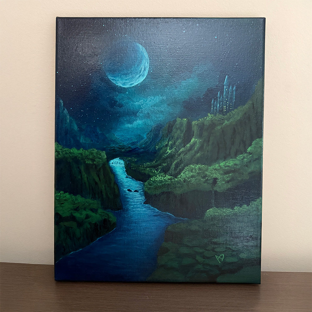 Moonlit Forest Passage original fantasy artwork of a moonlit castle, green cliffs, and a waterfall, front view