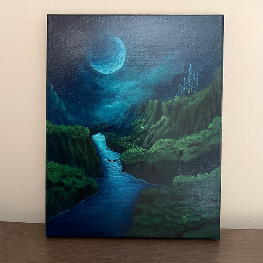 Moonlit Forest Passage original fantasy artwork of a moonlit castle, green cliffs, and a waterfall, front view